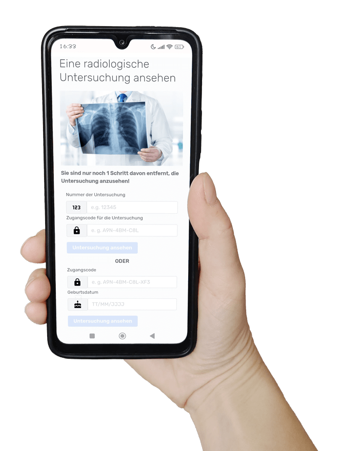 Aufruf von Röntgenbildern und Befunden im Patientenportal über Eingabe der Untersuchungsnummer oder mit Zugangscode und Geburtsdatum